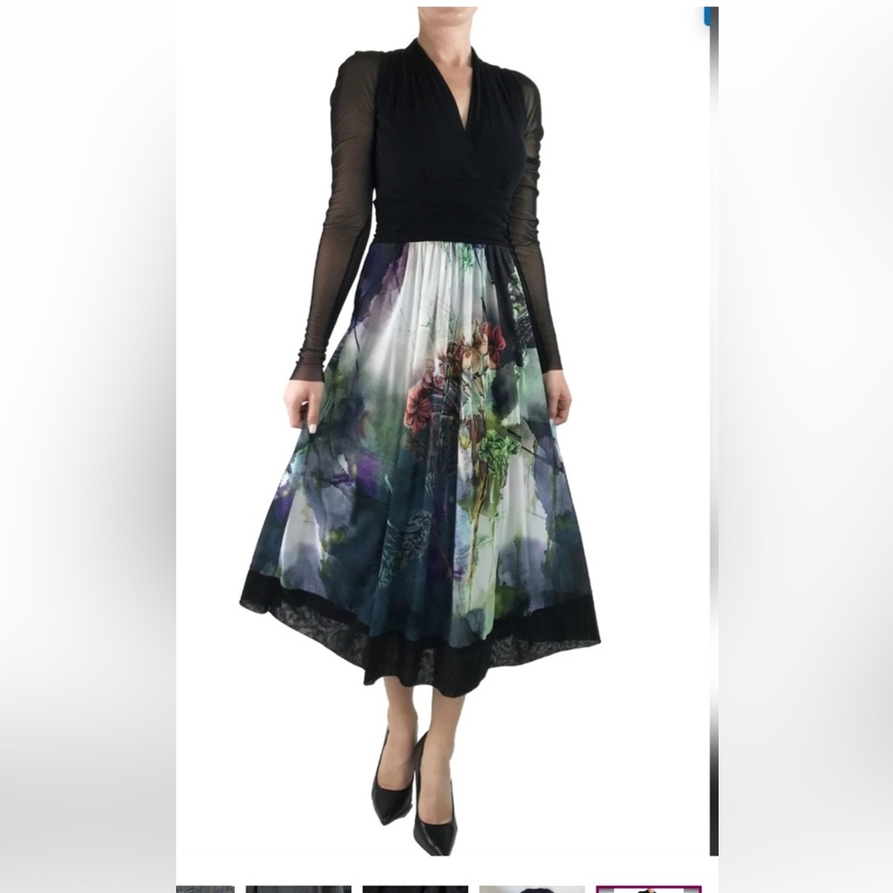 Elana Kattan XL Cocktail Dress, black mesh sleeves floral skirt